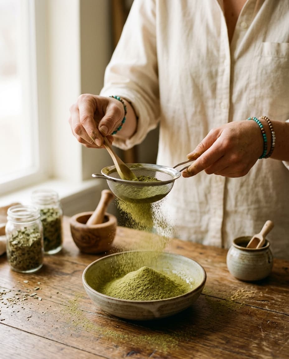 Portrait — Aafrin at the studio table sifting powder, natural light, 4:5