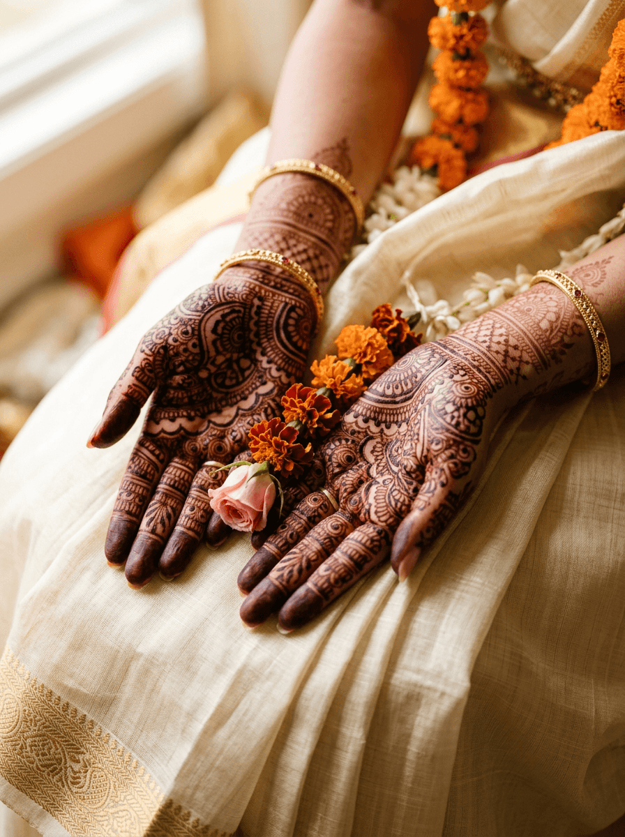 Hero — bride's hands on a chanderi dupatta, fresh paste, warm window light, 3:4