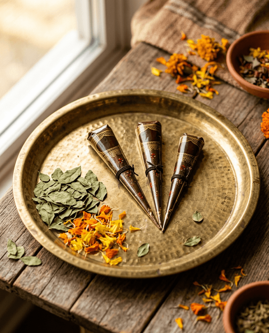 Product — cone trio on brass thali, 4:5