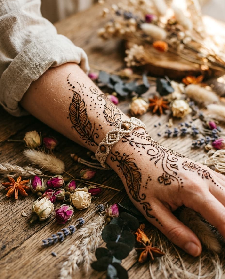 Bohemian feather motif forearm, 4:5