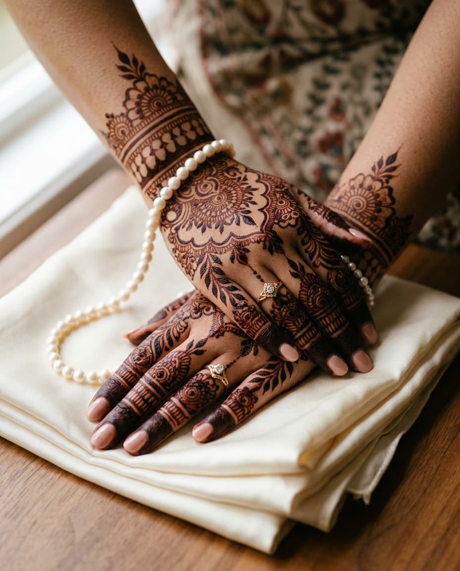 Full-hand bridal henna, elegant fine linework, 4:5