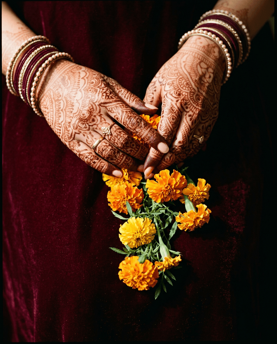 Editorial hands with marigold garland, 4:5