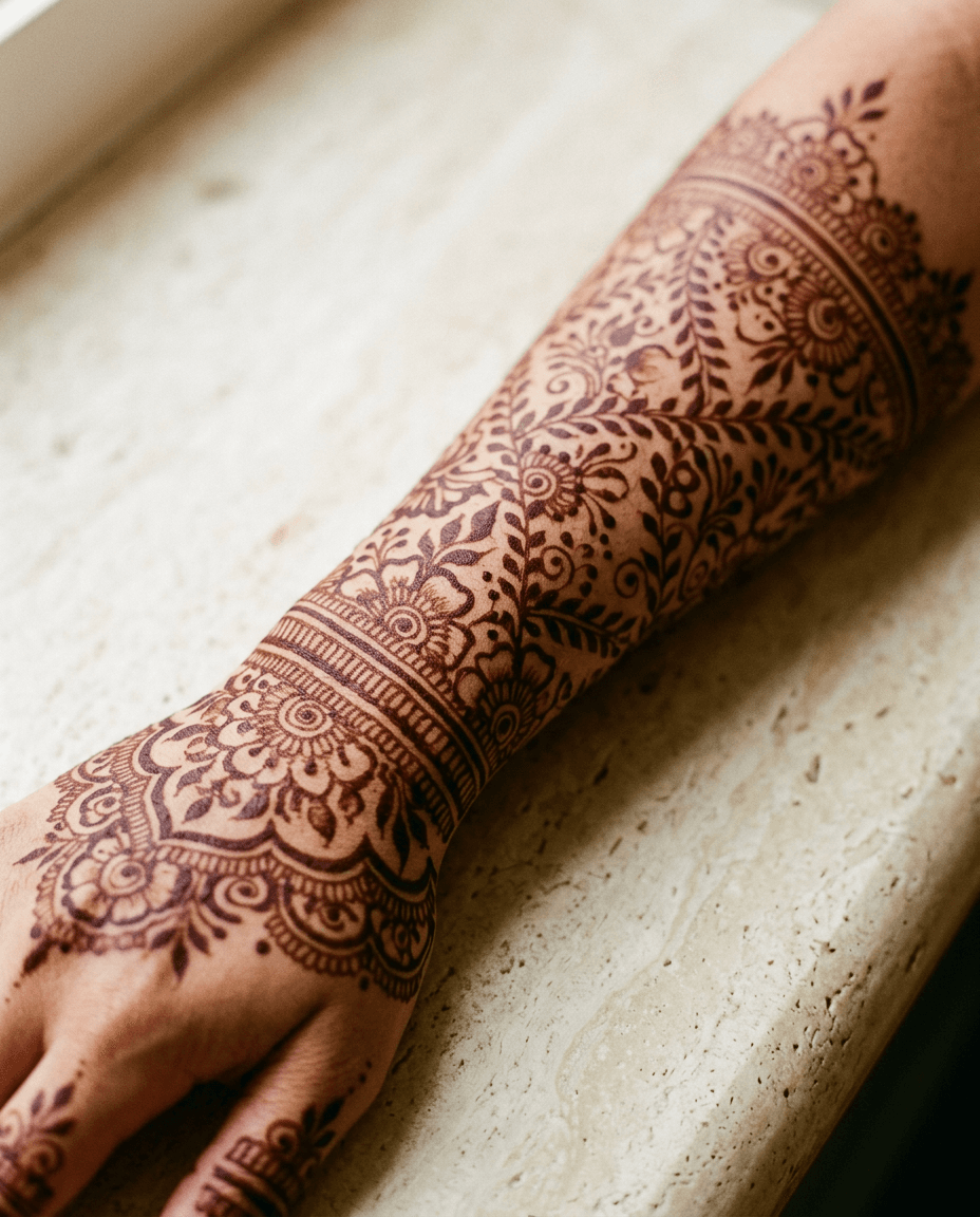 Dense floral trellis wrist and forearm henna, 4:5