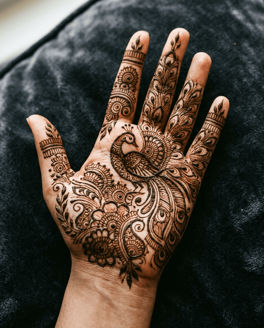 Peacock motif filling the palm, 4:5