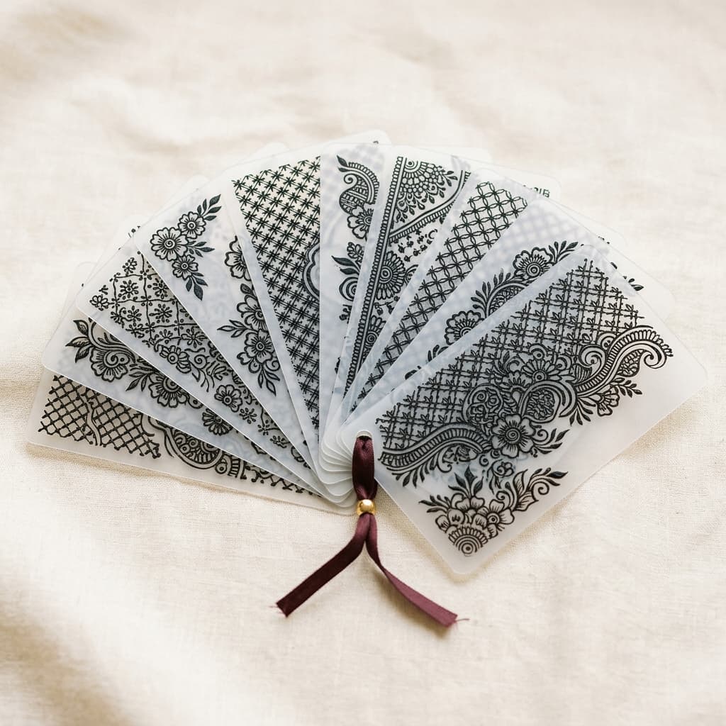 Product — stencil sheets fanned out, 1:1